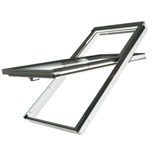 Okno drewniane trzyszybowe o podniesionej osi obrotu FAKRO FYU-X P50 w kolorze białym bez nawiewnika rozmiar 94x180 kolor RAL 7016